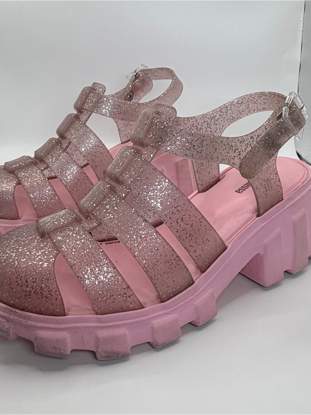 Mini Melissa Glitter Platform Jelly Sandals in Light Pink